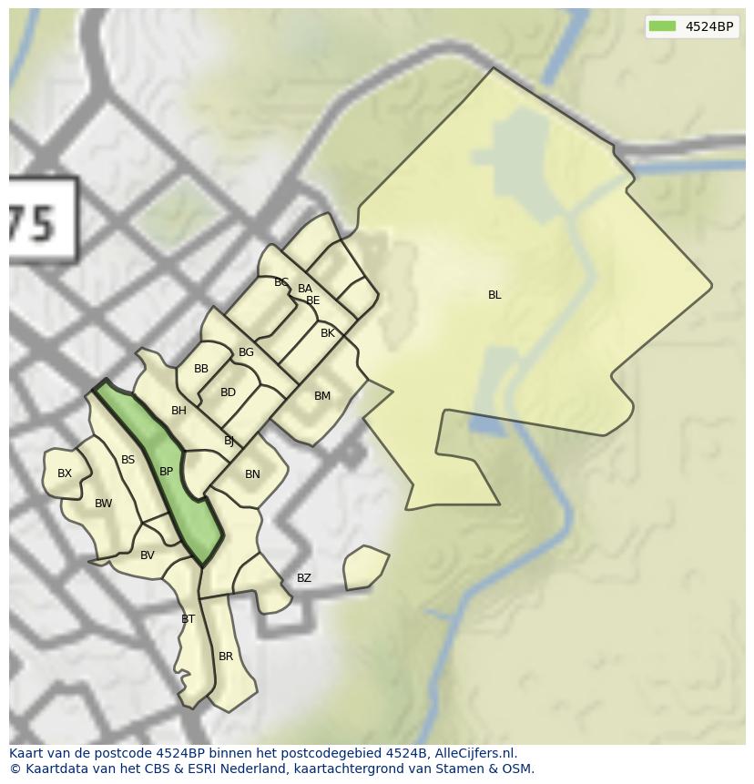 Afbeelding van het postcodegebied 4524 BP op de kaart.