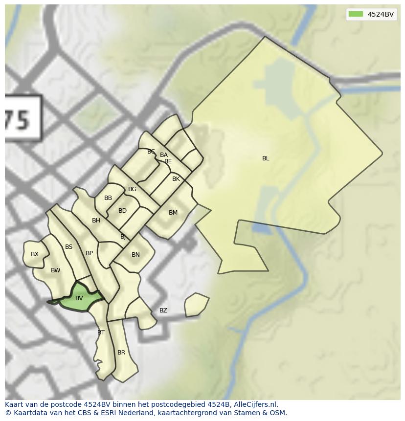 Afbeelding van het postcodegebied 4524 BV op de kaart.
