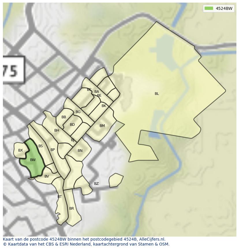 Afbeelding van het postcodegebied 4524 BW op de kaart.
