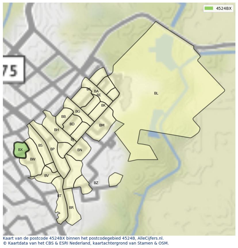 Afbeelding van het postcodegebied 4524 BX op de kaart.