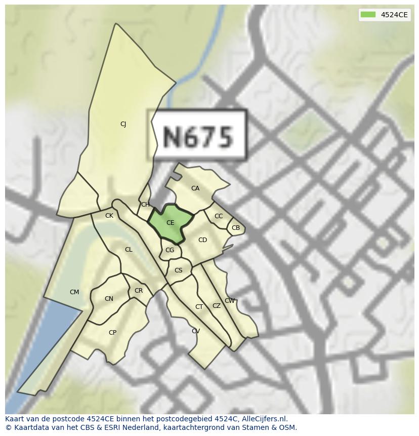 Afbeelding van het postcodegebied 4524 CE op de kaart.