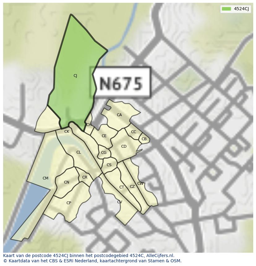 Afbeelding van het postcodegebied 4524 CJ op de kaart.