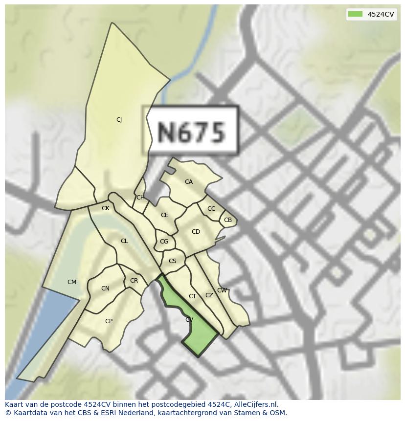 Afbeelding van het postcodegebied 4524 CV op de kaart.