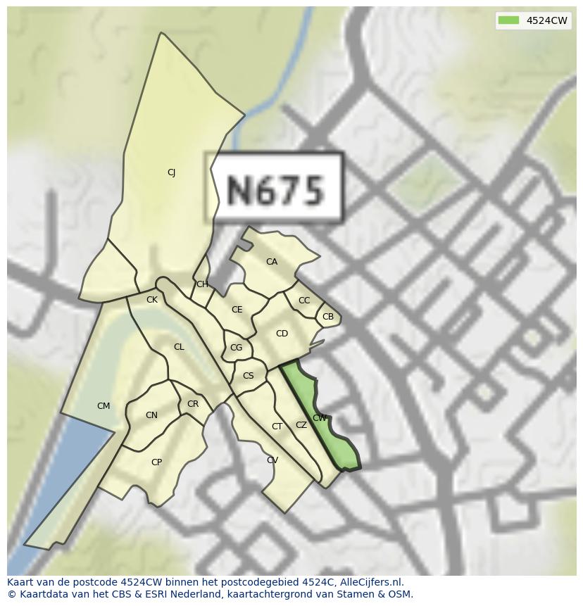 Afbeelding van het postcodegebied 4524 CW op de kaart.
