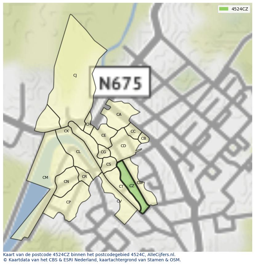 Afbeelding van het postcodegebied 4524 CZ op de kaart.