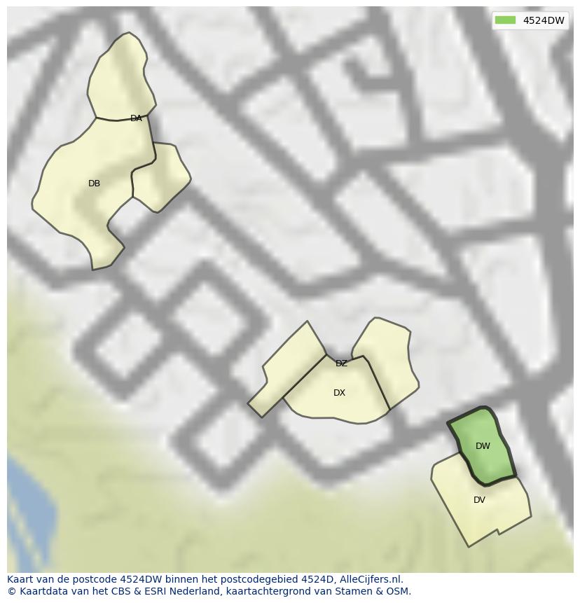 Afbeelding van het postcodegebied 4524 DW op de kaart.