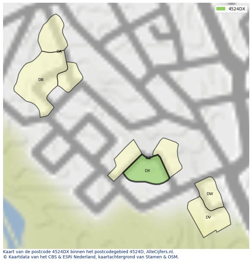 Afbeelding van het postcodegebied 4524 DX op de kaart.