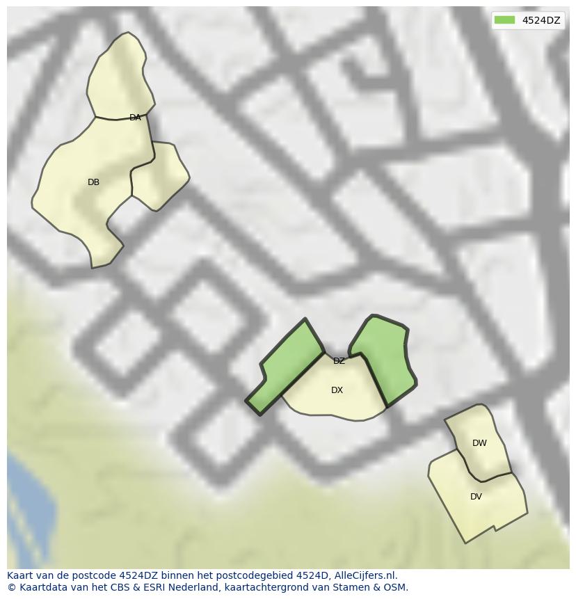 Afbeelding van het postcodegebied 4524 DZ op de kaart.