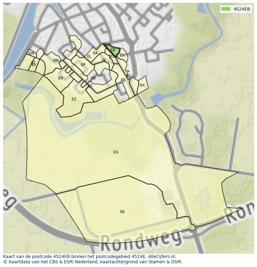 Afbeelding van het postcodegebied 4524 EB op de kaart.