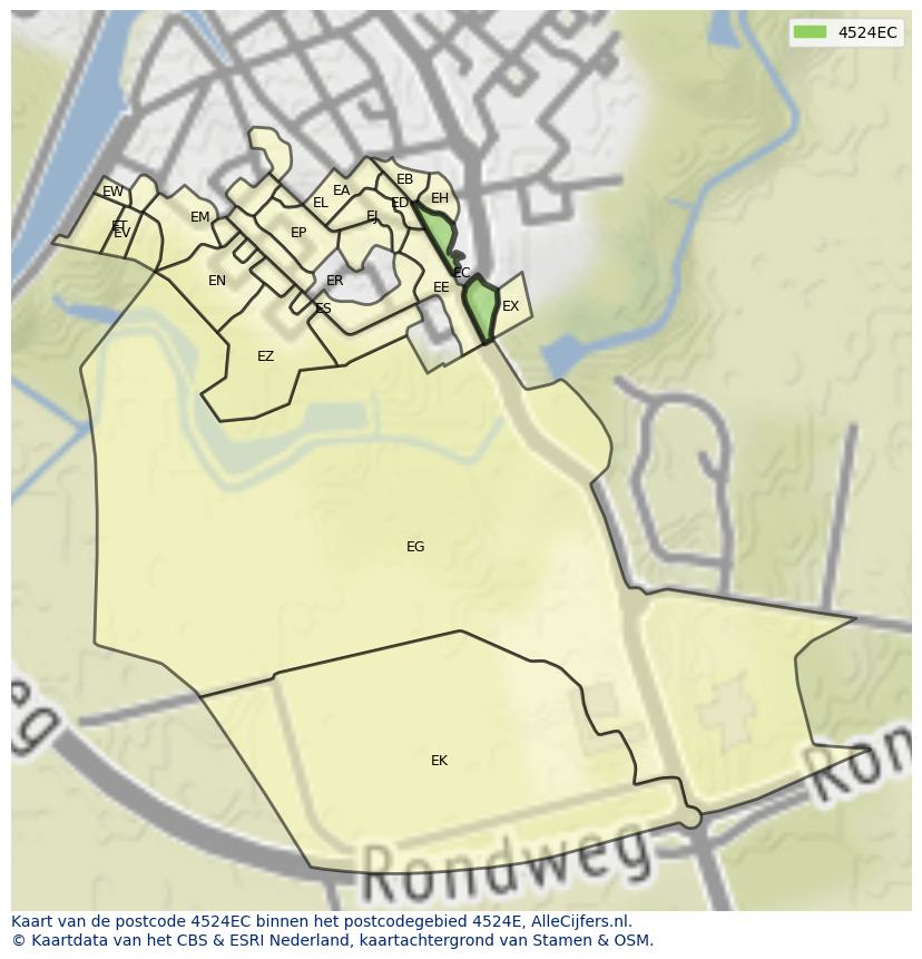 Afbeelding van het postcodegebied 4524 EC op de kaart.