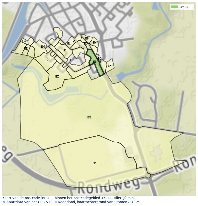 Afbeelding van het postcodegebied 4524 EE op de kaart.