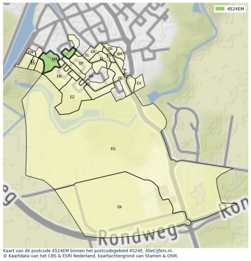 Afbeelding van het postcodegebied 4524 EM op de kaart.