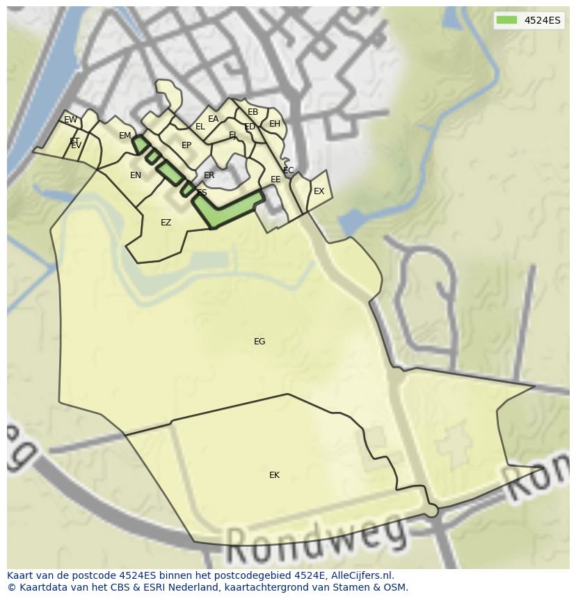 Afbeelding van het postcodegebied 4524 ES op de kaart.