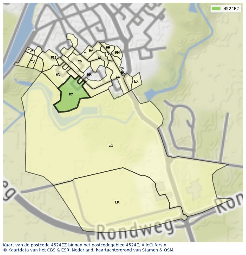 Afbeelding van het postcodegebied 4524 EZ op de kaart.