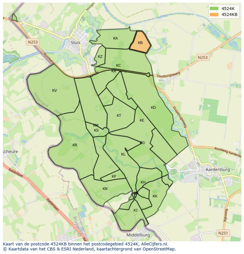 Afbeelding van het postcodegebied 4524 KB op de kaart.