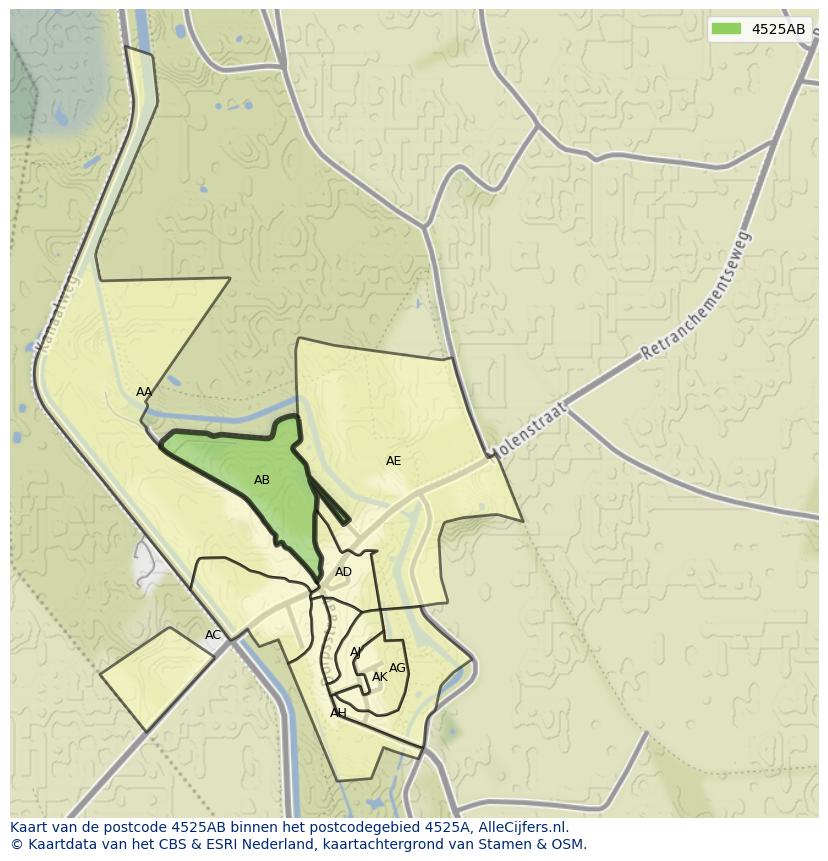 Afbeelding van het postcodegebied 4525 AB op de kaart.
