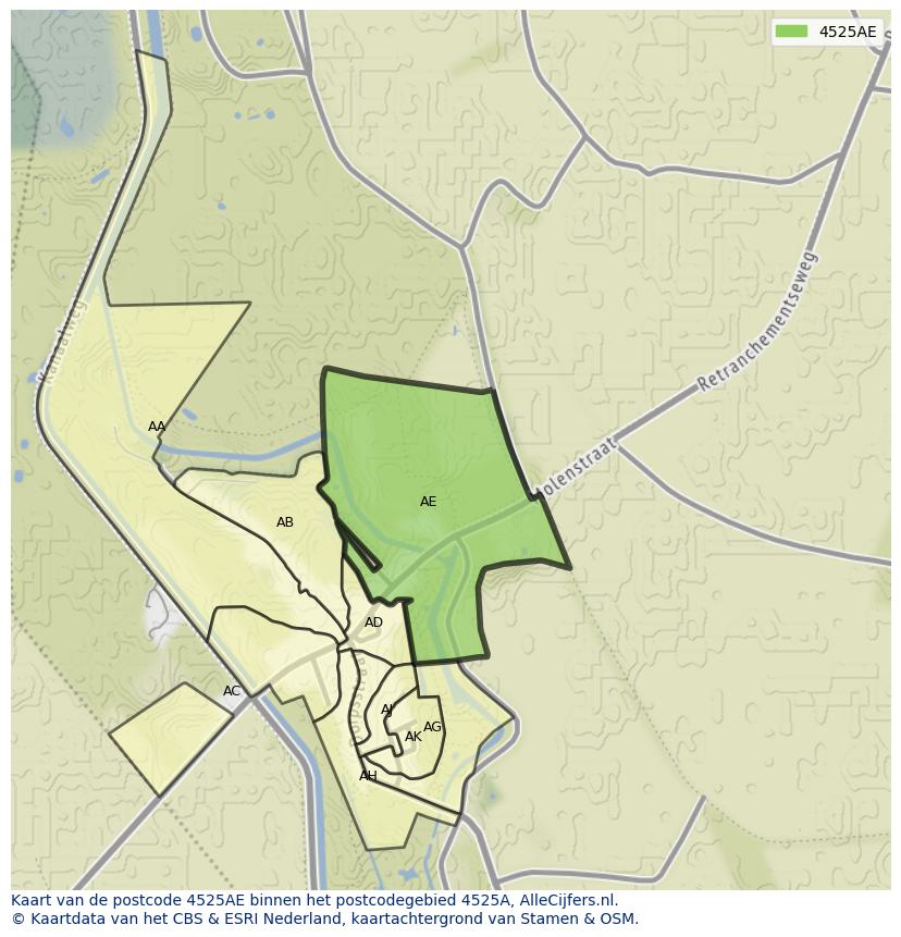 Afbeelding van het postcodegebied 4525 AE op de kaart.