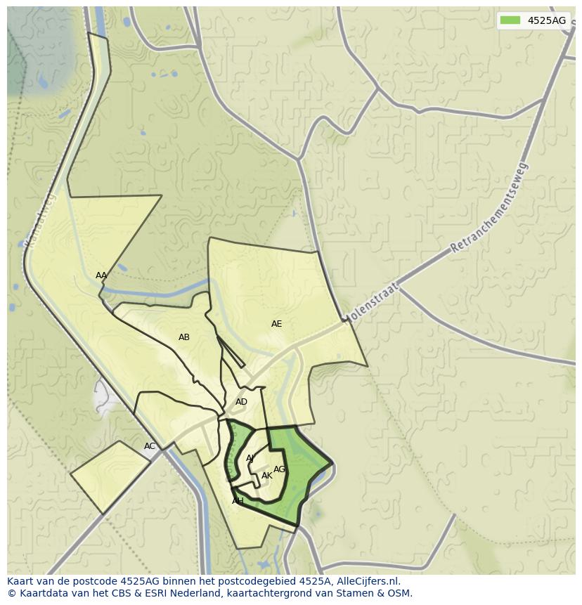 Afbeelding van het postcodegebied 4525 AG op de kaart.