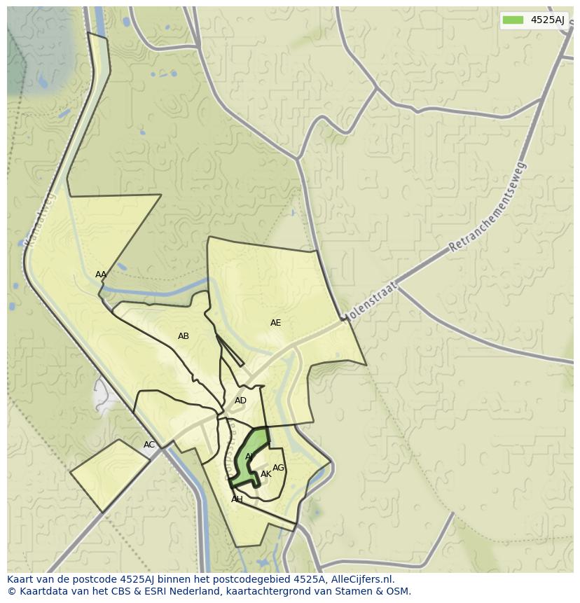 Afbeelding van het postcodegebied 4525 AJ op de kaart.