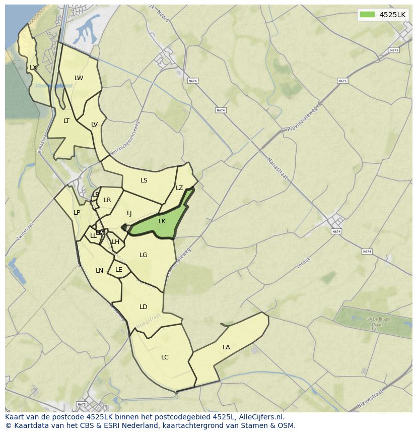 Afbeelding van het postcodegebied 4525 LK op de kaart.