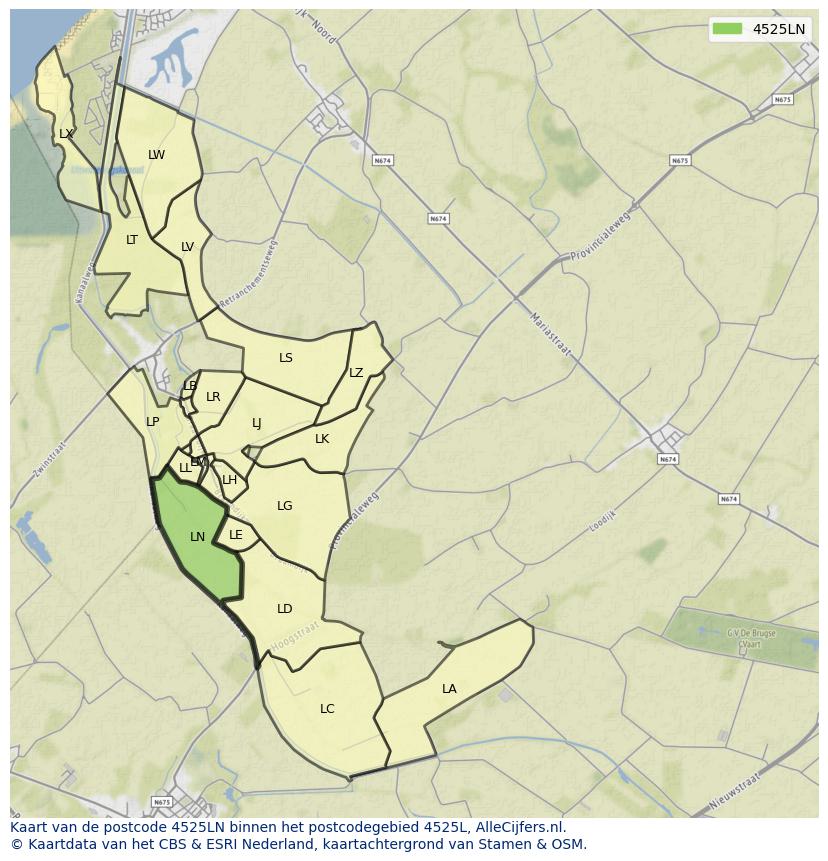 Afbeelding van het postcodegebied 4525 LN op de kaart.