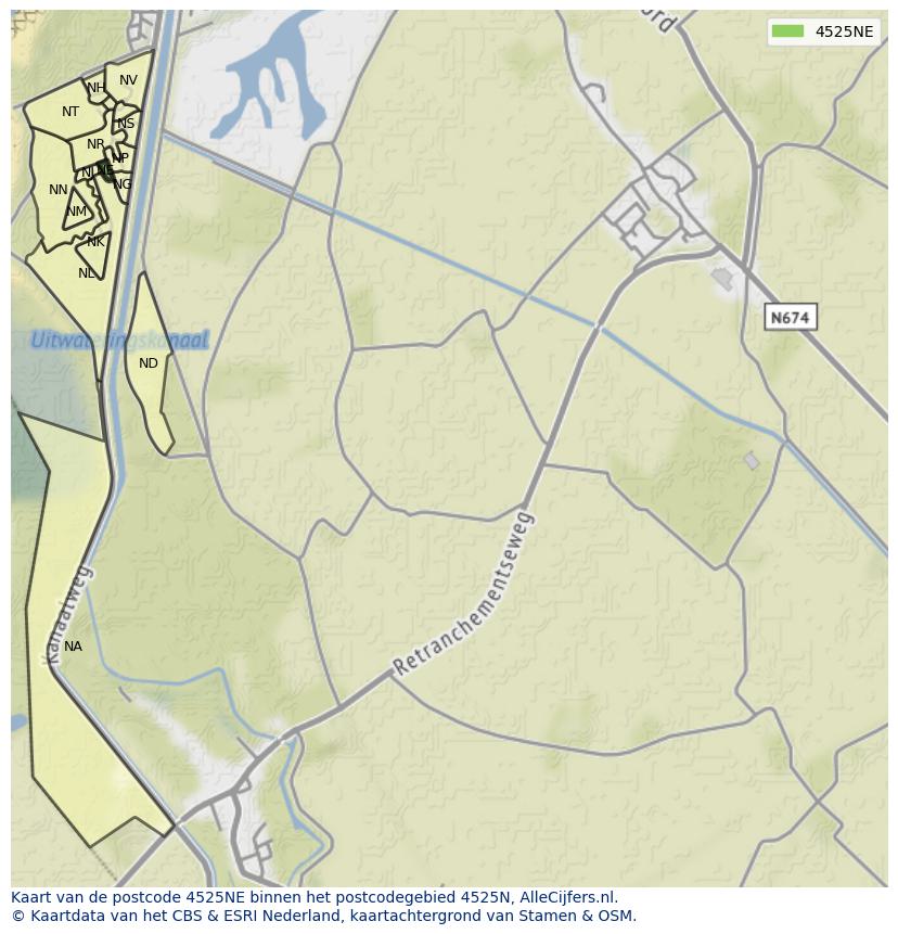 Afbeelding van het postcodegebied 4525 NE op de kaart.