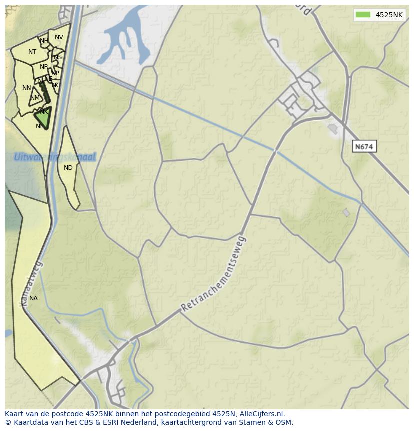 Afbeelding van het postcodegebied 4525 NK op de kaart.