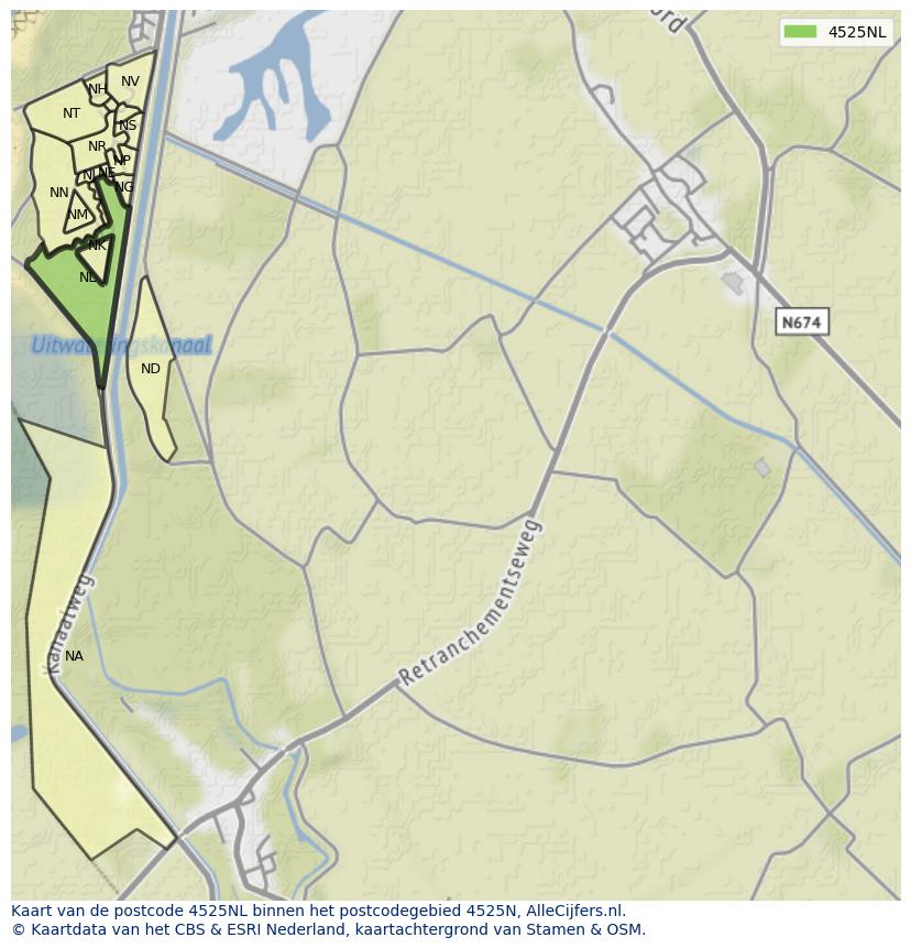 Afbeelding van het postcodegebied 4525 NL op de kaart.