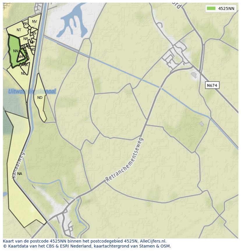 Afbeelding van het postcodegebied 4525 NN op de kaart.