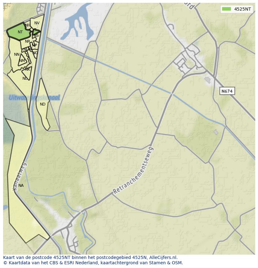 Afbeelding van het postcodegebied 4525 NT op de kaart.