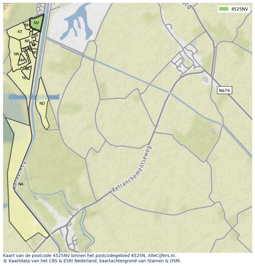 Afbeelding van het postcodegebied 4525 NV op de kaart.