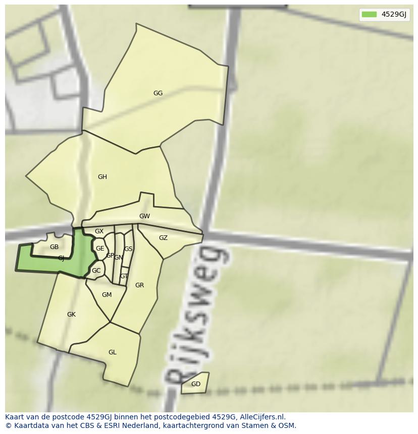 Afbeelding van het postcodegebied 4529 GJ op de kaart.