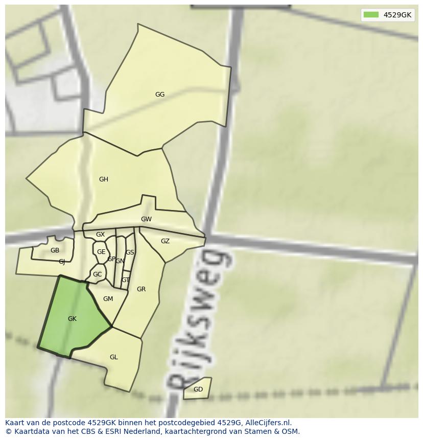 Afbeelding van het postcodegebied 4529 GK op de kaart.