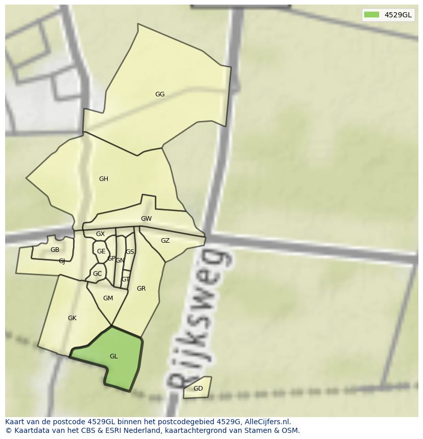 Afbeelding van het postcodegebied 4529 GL op de kaart.
