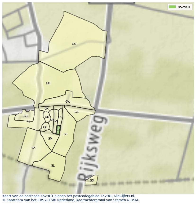 Afbeelding van het postcodegebied 4529 GT op de kaart.