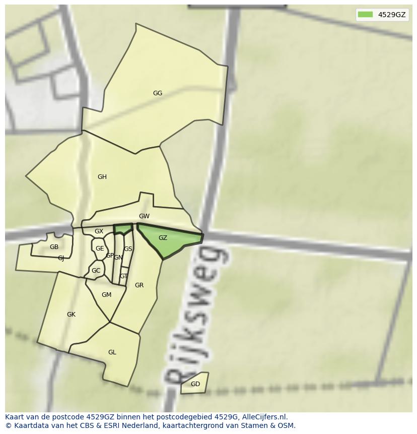 Afbeelding van het postcodegebied 4529 GZ op de kaart.