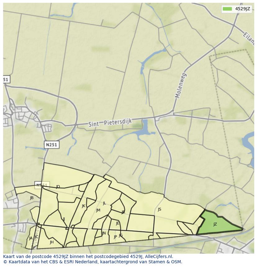 Afbeelding van het postcodegebied 4529 JZ op de kaart.