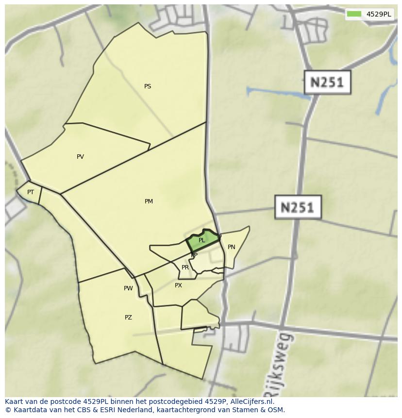 Afbeelding van het postcodegebied 4529 PL op de kaart.