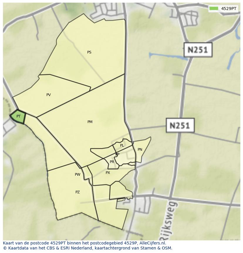 Afbeelding van het postcodegebied 4529 PT op de kaart.