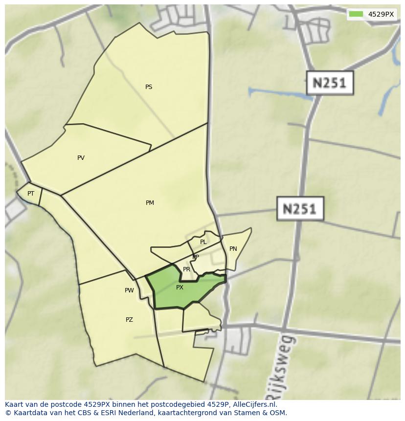 Afbeelding van het postcodegebied 4529 PX op de kaart.