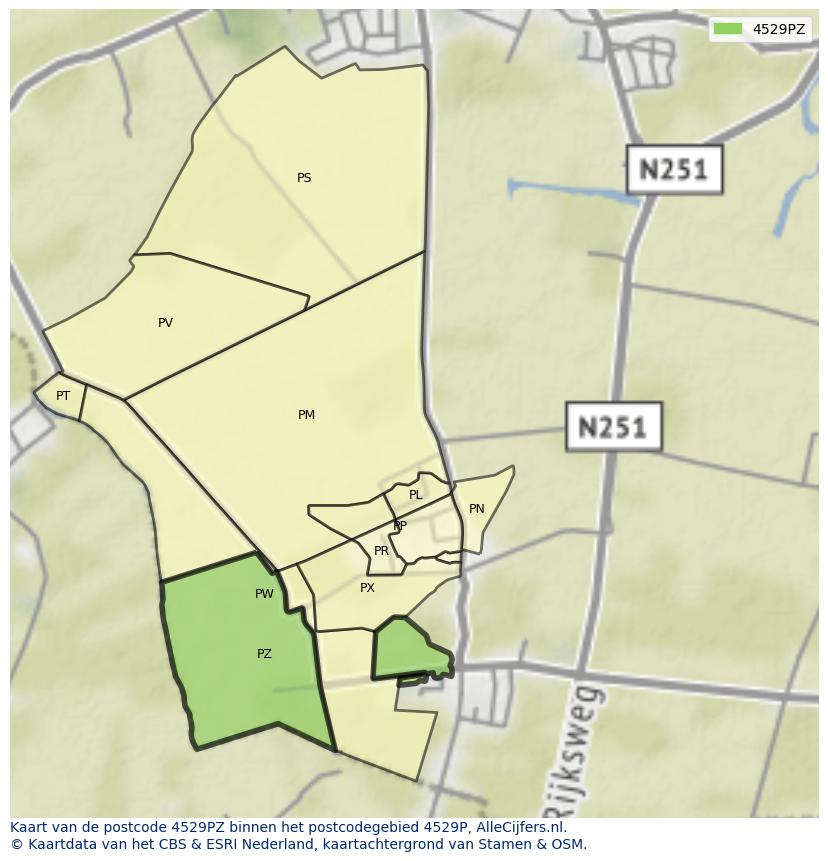 Afbeelding van het postcodegebied 4529 PZ op de kaart.