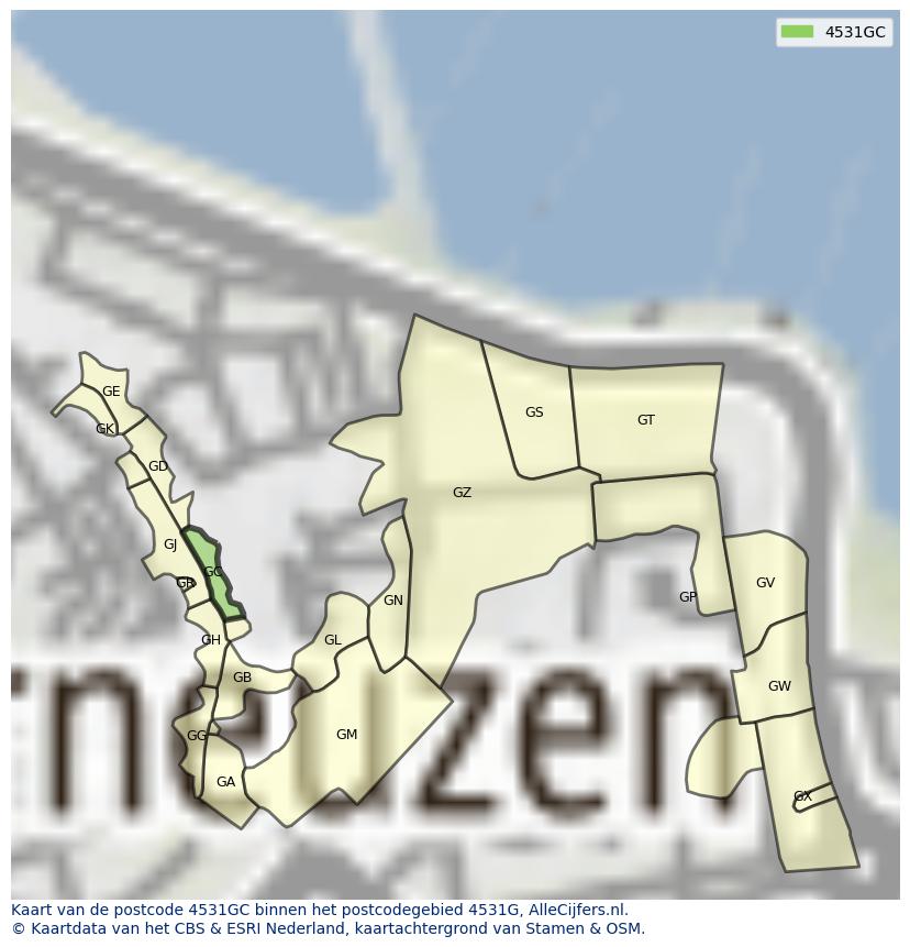 Afbeelding van het postcodegebied 4531 GC op de kaart.