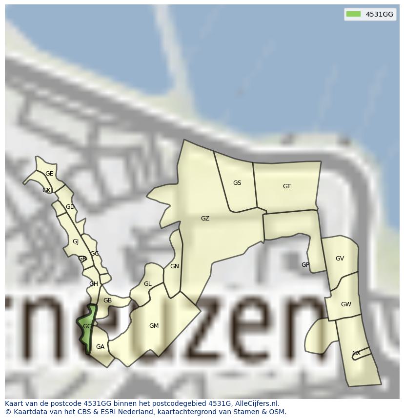 Afbeelding van het postcodegebied 4531 GG op de kaart.