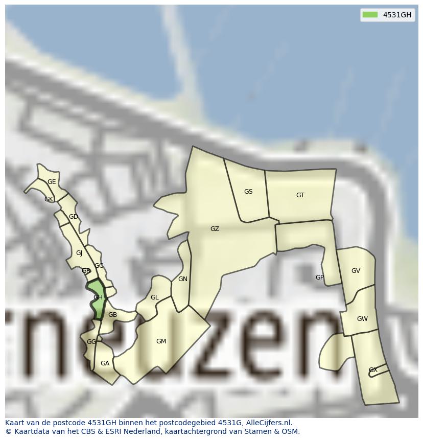 Afbeelding van het postcodegebied 4531 GH op de kaart.