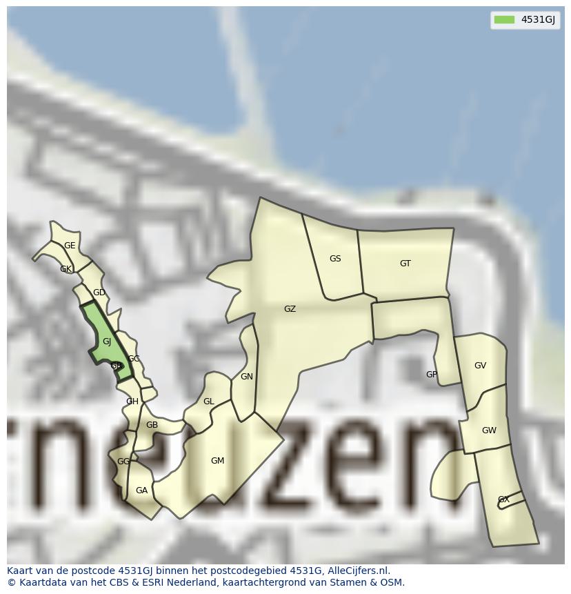 Afbeelding van het postcodegebied 4531 GJ op de kaart.