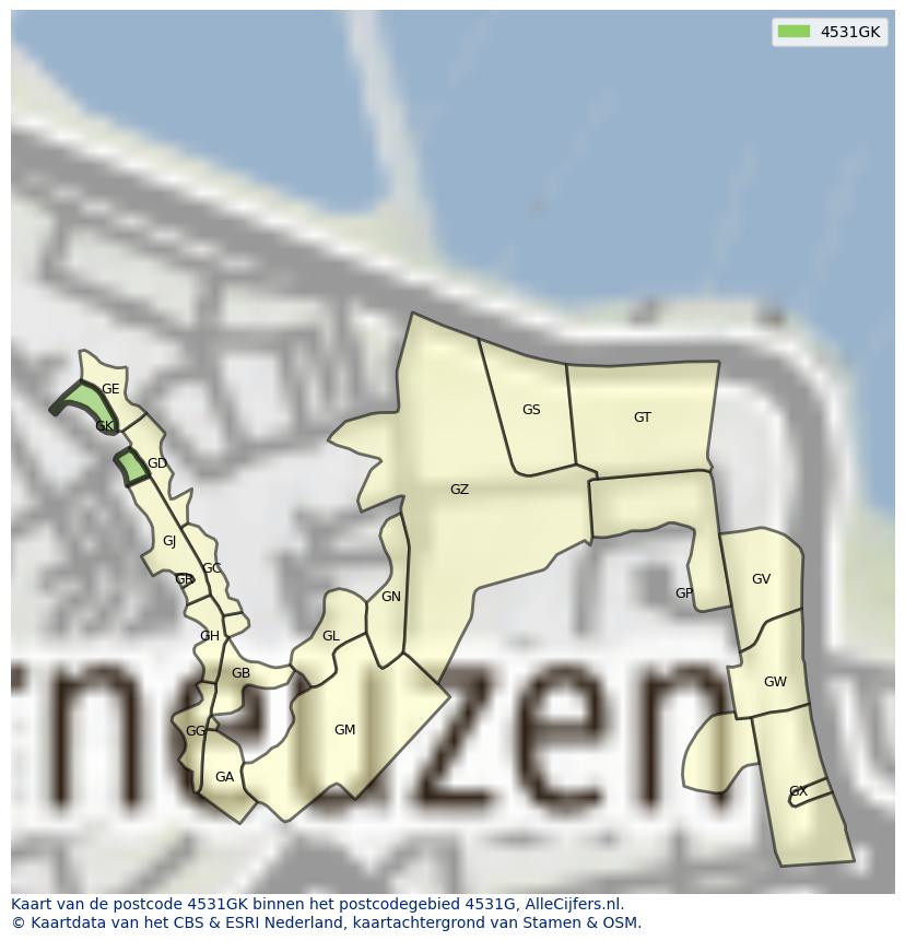 Afbeelding van het postcodegebied 4531 GK op de kaart.