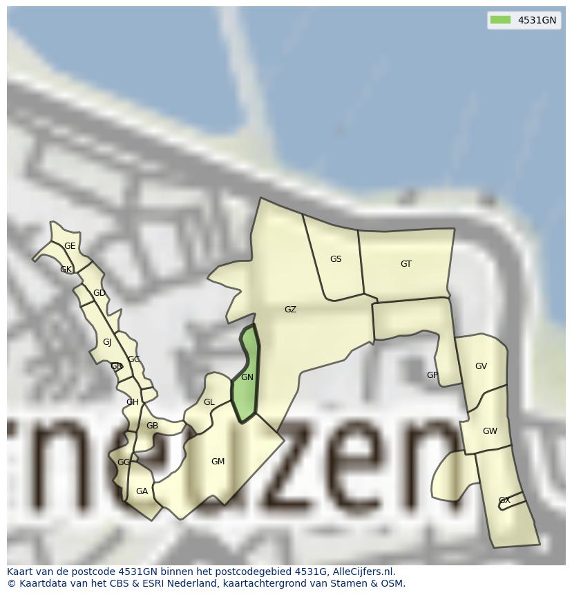 Afbeelding van het postcodegebied 4531 GN op de kaart.