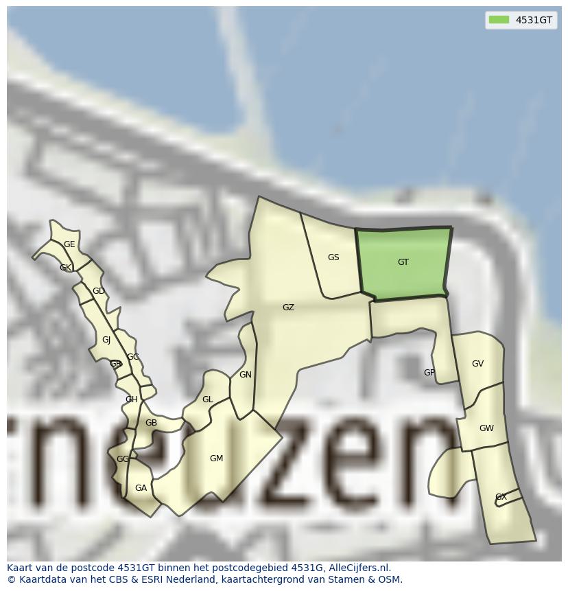 Afbeelding van het postcodegebied 4531 GT op de kaart.