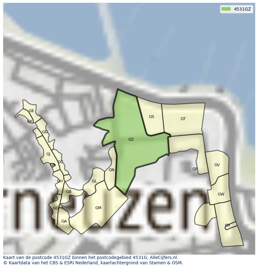 Afbeelding van het postcodegebied 4531 GZ op de kaart.