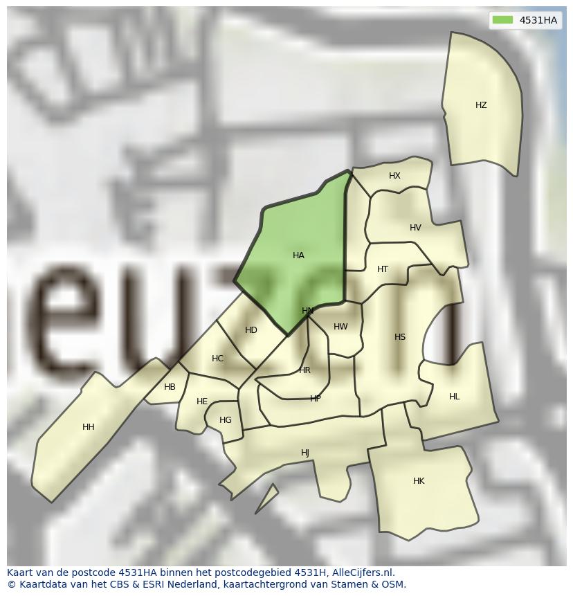 Afbeelding van het postcodegebied 4531 HA op de kaart.